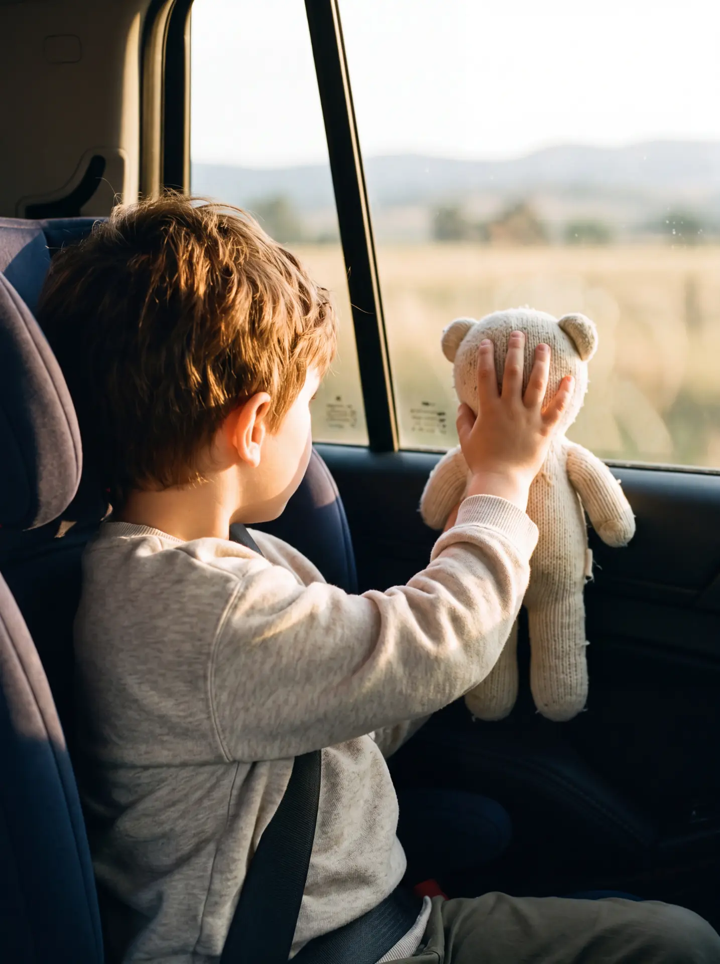 Een kind kijkt vanuit de auto naar buiten met zijn knuffel aan het raam.